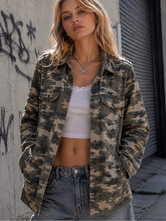 Elodie Jackets & Blazers - Elodie Camo Utility Jacket Military Style Cotton Button Front Small